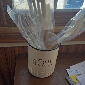 Rae Dunn White Utensil Holder with Black Lettering